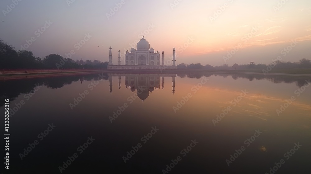 47.A breathtaking view of the Taj Mahal at sunrise, its ivory-white marble structure glowing softly as it reflects in the water of the surrounding pool. The calm water mirrors the grandeur of the 47.A breathtaking view of the Taj Mahal at sunrise, its ivory-white marble structure glowing softly as it reflects in the water of the surrounding pool. The calm water mirrors the grandeur of the