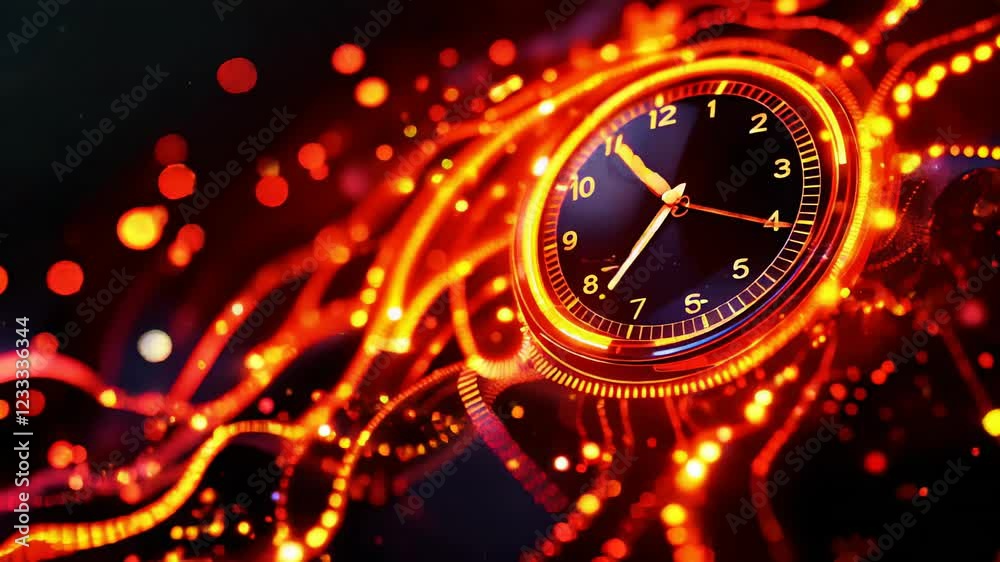 Time is Burning: A dramatic close-up of a classic clock engulfed in fiery, swirling energy, suggesting the urgency and fleeting nature of time.