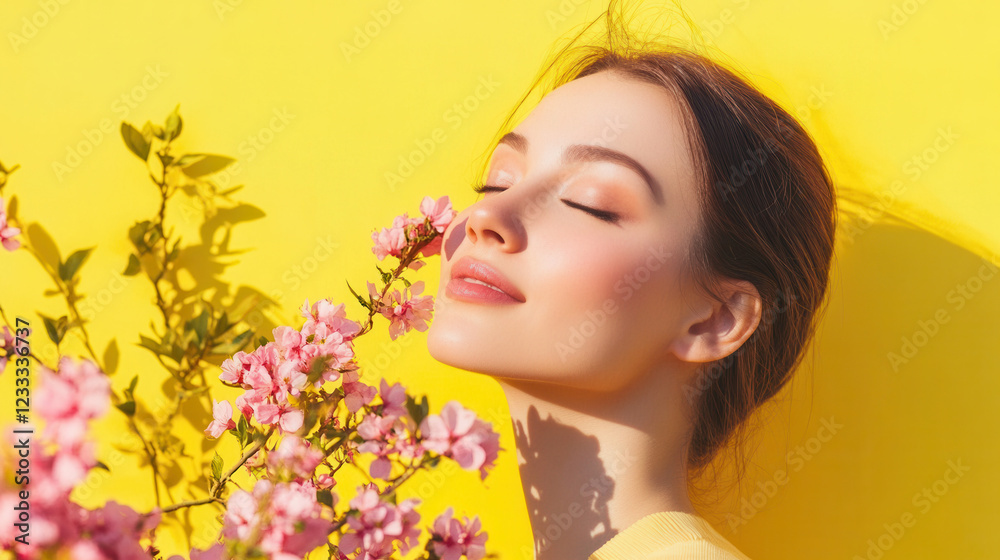 Spring Awakening: A young woman with radiant skin and closed eyes, smiles serenely while gently inhaling the delicate fragrance of pink blossoms against a vibrant yellow backdrop. Spring Awakening: A young woman with radiant skin and closed eyes, smiles serenely while gently inhaling the delicate fragrance of pink blossoms against a vibrant yellow backdrop.