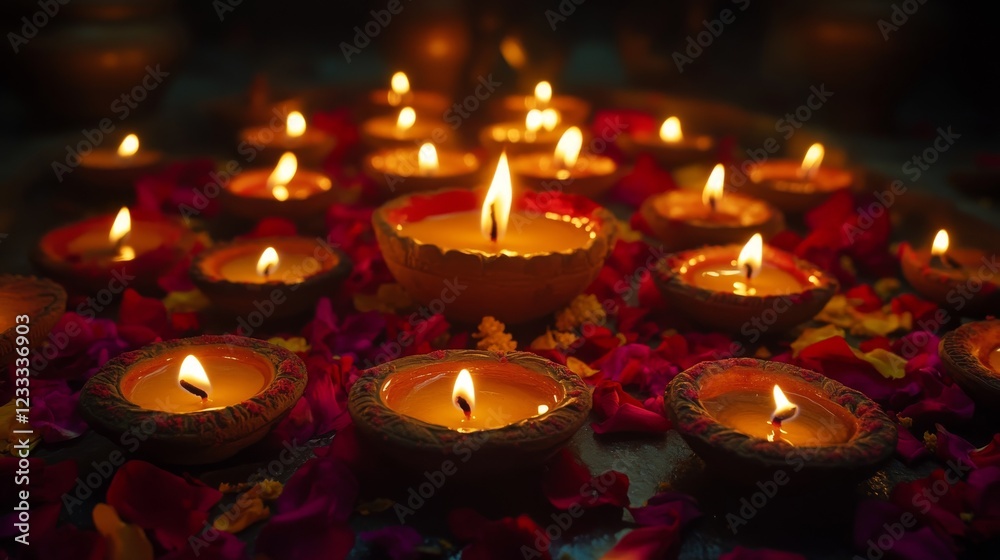 40.A collection of lit clay diya lamps arranged in a beautiful pattern during Diwali, their warm flames casting a gentle, inviting glow. The lamps are surrounded by colorful flower petals and 40.A collection of lit clay diya lamps arranged in a beautiful pattern during Diwali, their warm flames casting a gentle, inviting glow. The lamps are surrounded by colorful flower petals and