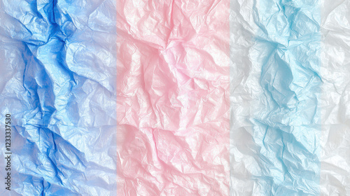 Wallpaper Mural Pastel Dreams:  A delicate and abstract background featuring three vertical panels of crinkled pastel tissue paper in shades of blue, pink, and white.  The soft. Torontodigital.ca