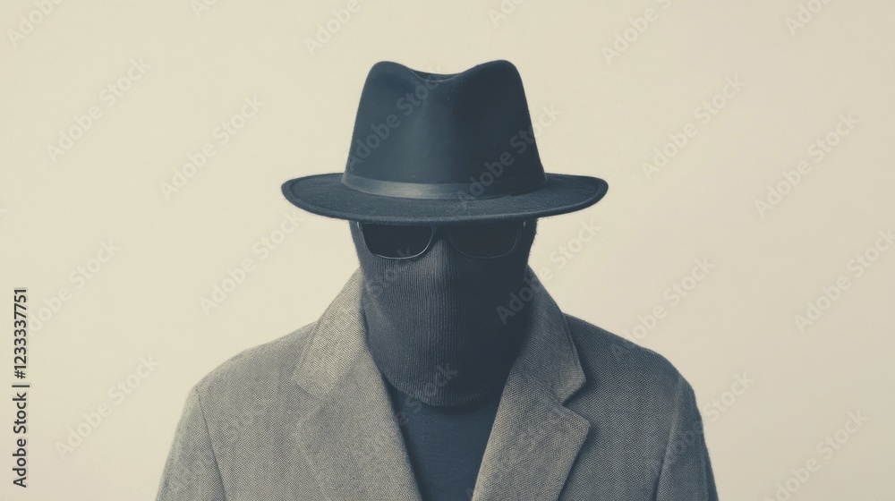 Mysterious figure in a hat and sunglasses, shrouded in secrecy against a neutral background Mysterious figure in a hat and sunglasses, shrouded in secrecy against a neutral background