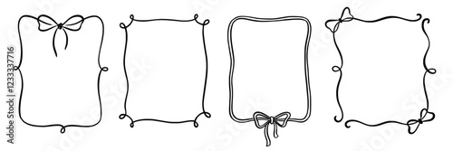 Bow frame ribbon border vintage hand drawn set. Hand drawn doodle sketch style line bow frame decorative black vintage ornament. Elegant doodle holiday, wedding ribbon border. Vector illustration