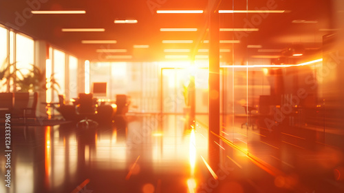 A modern office space illuminated by warm sunset light  creating a serene atmosphere.