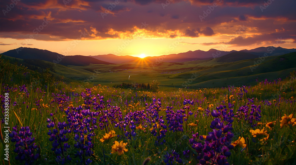 Fototapeta premium Sunset over wildflowers in mountain valley