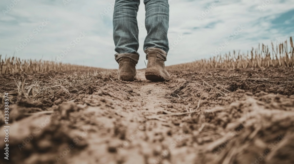 Person walking on a dirt path in a harvested field under a cloudy sky, evoking rural life Person walking on a dirt path in a harvested field under a cloudy sky, evoking rural life