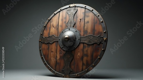 A battle-worn viking shield floating with intricate details and history.
