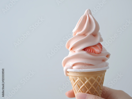 Indulging in a delightful cone brimming with rich, creamy strawberry soft serve ice cream, a perfect treat for any sweet tooth! photo