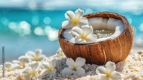 Coconut Cocktail on Tropical Beach: A refreshing coconut drink garnished with fragrant plumeria blossoms sits on a pristine beach, the turquoise ocean shimmering in the background.
