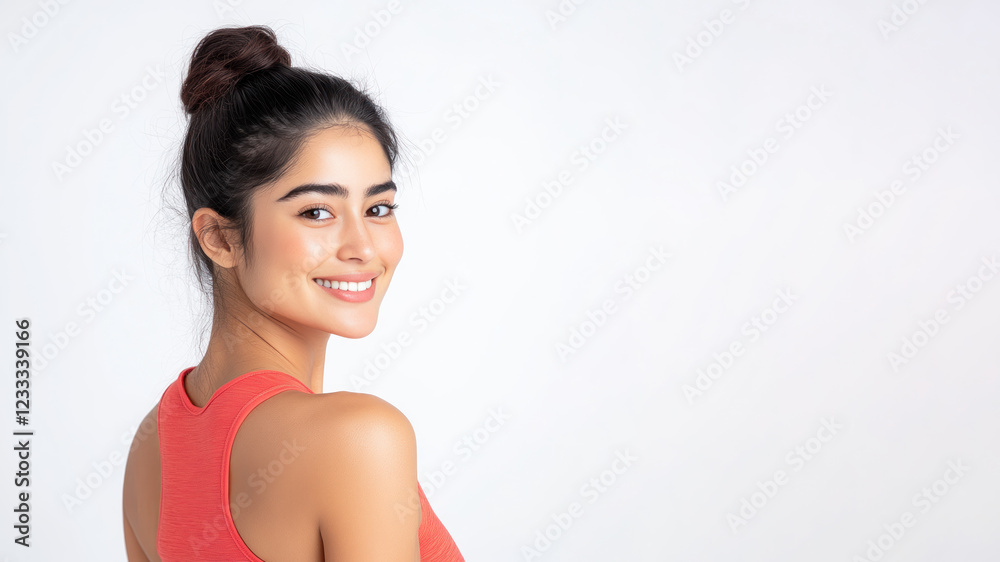 Pakistani happy woman wearing red apparel smiling isolated on white background Pakistani happy woman wearing red apparel smiling isolated on white background