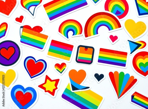 an image of a bunch of rainbow stickers with hearts and stars, a close up of a bunch of rainbow stickers with hearts and stars photo