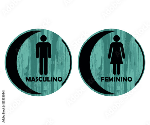 Placas Banheiro Redondas Com Meia Lua. Masculino e Feminino. Textura de Madeira Verde.