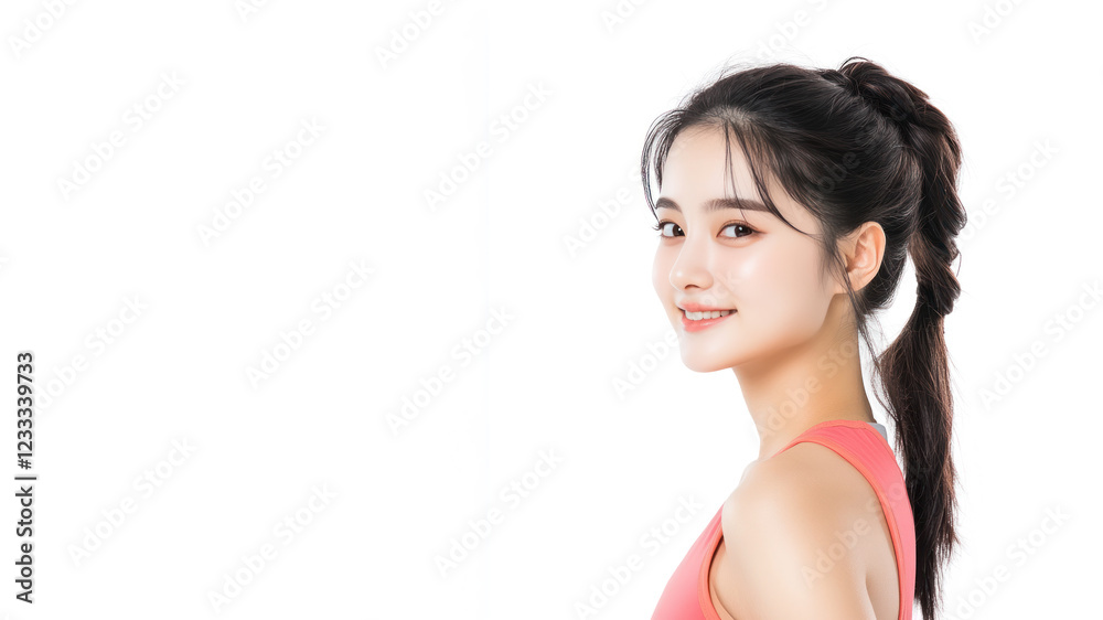 Korean happy woman wearing red apparel smiling isolated on white background Korean happy woman wearing red apparel smiling isolated on white background