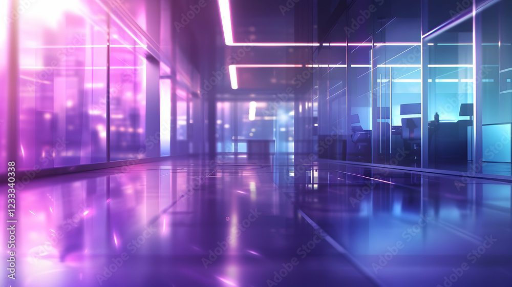 A futuristic office corridor with vibrant lighting and reflective surfaces. A futuristic office corridor with vibrant lighting and reflective surfaces.