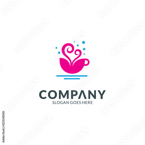 abstract coffee cup logo with love or heart symbol in pink color flat design style