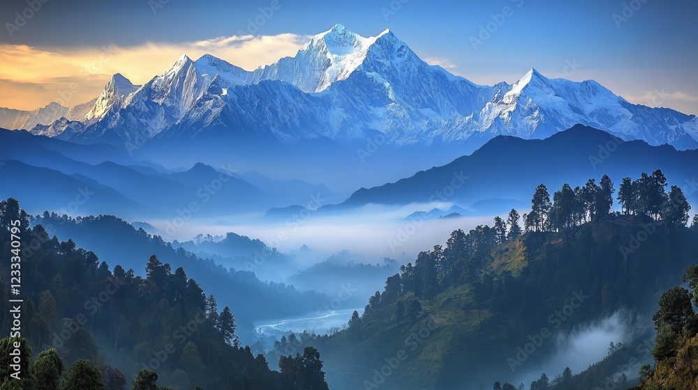 74.A stunning view of Adi Kailash, nestled in the remote Pithoragarh district of Uttarakhand. The majestic snow-covered peaks rise above the lush forests, with a clear river flowing nearby. The 74.A stunning view of Adi Kailash, nestled in the remote Pithoragarh district of Uttarakhand. The majestic snow-covered peaks rise above the lush forests, with a clear river flowing nearby. The