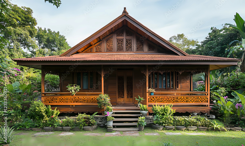 Naklejka premium The dwelling features a combination of teak and natural wood, blending elegance with rustic charm
