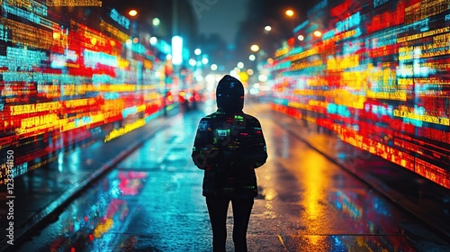 Person stands in digital city street at night, data streams