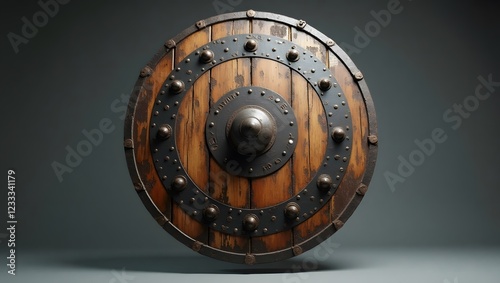 A rugged Viking shield showing deep scars and worn wood suspended in air.
