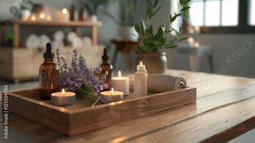 Spa Tray with Essential Oils, Candles, and Natural Decor
