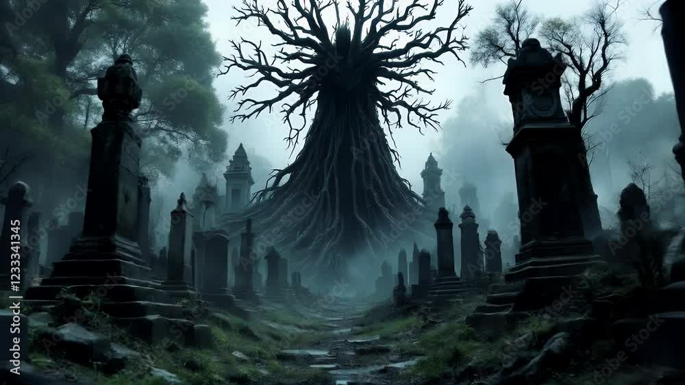 A haunting image of an ancient cemetery shrouded in mist, dominated by a massive, gnarled tree. A haunting image of an ancient cemetery shrouded in mist, dominated by a massive, gnarled tree.