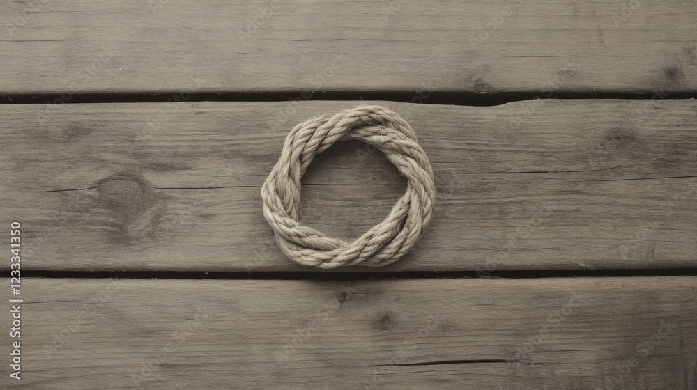 Obraz premium Twisted natural rope circle on rustic wooden surface, showcasing texture and craftsmanship