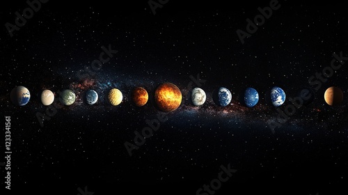 Planets aligned, galaxy background, space exploration, educational poster