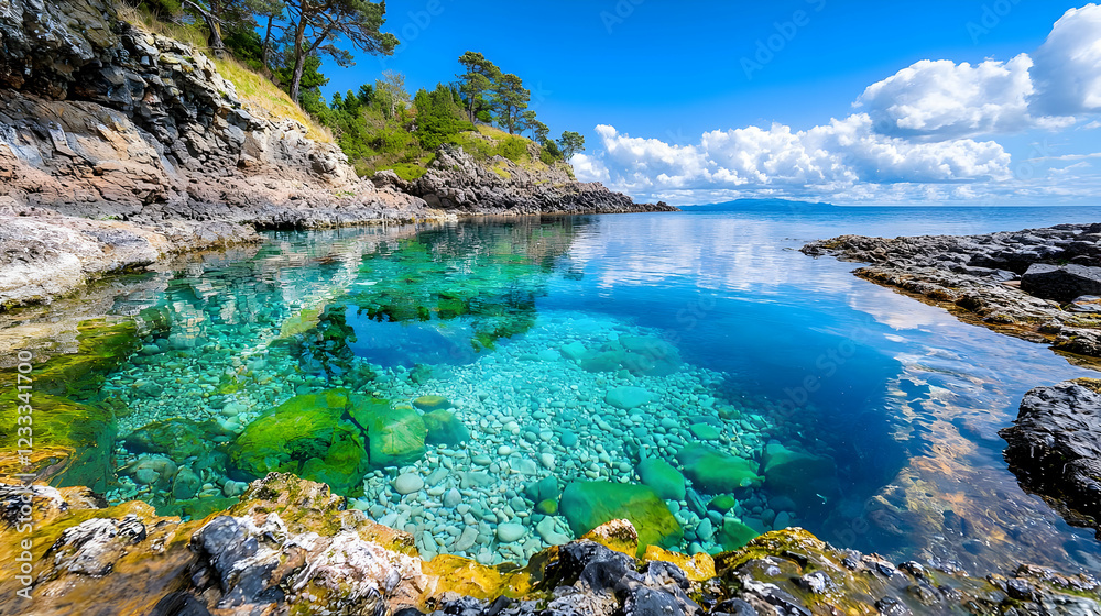 Coastal lagoon reflects sky, tranquil cove Coastal lagoon reflects sky, tranquil cove
