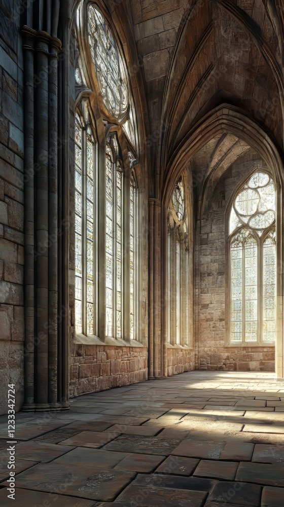 Sunlit stone hallway in gothic cathedral Sunlit stone hallway in gothic cathedral