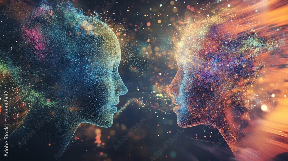 Fototapeta premium Abstract digital art depicting two interconnected human figures facing each other in a cosmic scene
