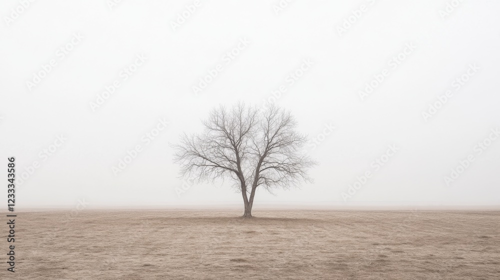 A solitary tree stands in a foggy field, creating a serene atmosphere of isolation and calm