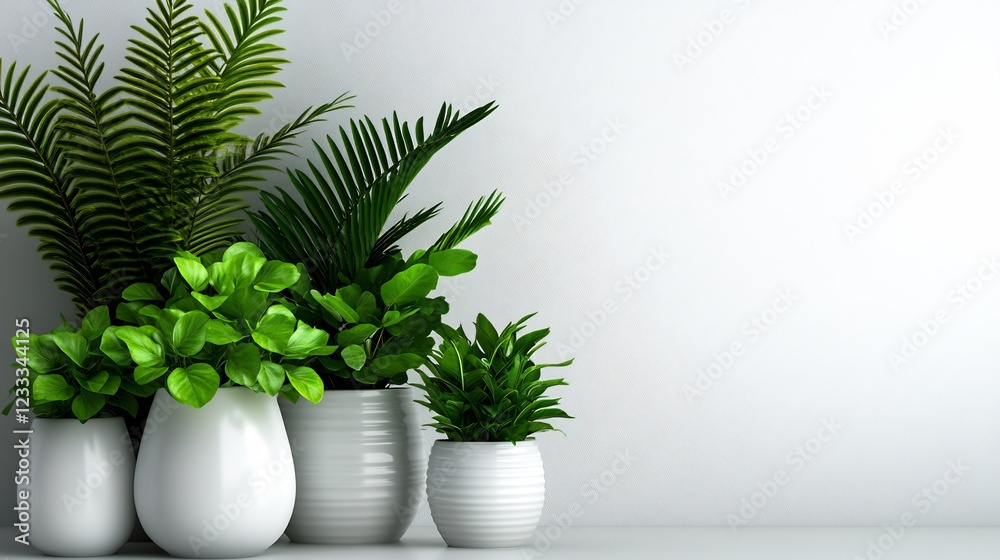 Fototapeta premium Elegant Potted Plants Against a White Wall: A Serene Indoor Greenery Display
