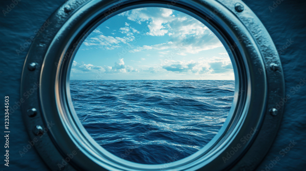 View of ocean through porthole, showcasing vibrant blue water and bright sky with clouds. serene and tranquil scene that evokes sense of adventure and exploration View of ocean through porthole, showcasing vibrant blue water and bright sky with clouds. serene and tranquil scene that evokes sense of adventure and exploration