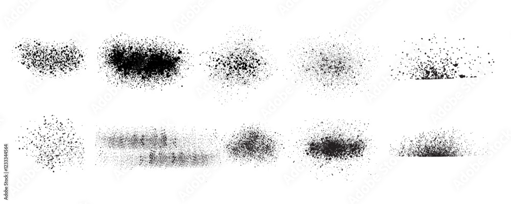 Paint spray set noise of grains or brush dust and black sand particles, vector abstract shape effect. Wavy spray paint in graffiti ink style with grainy noise texture of black dots and rough dust. EPS