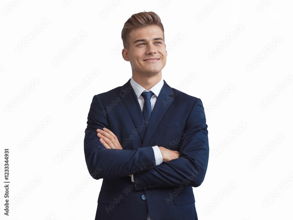 Ambitious Young Businessman in a Suit and Tie Looking Upwards with a Smile on White Background Ambitious Young Businessman in a Suit and Tie Looking Upwards with a Smile on White Background