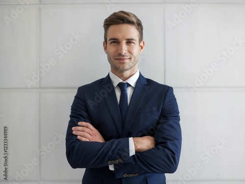 Portrait of a Smiling and Professional Businessman with Arms Folded Against a White Wall