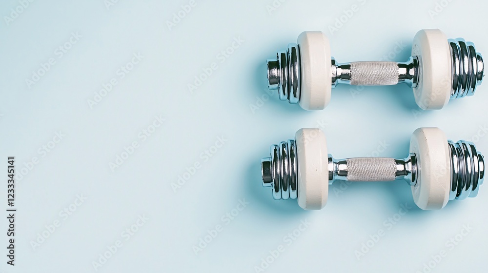 Mockup advertisement concept. Two silver dumbbells on a light blue background, representing fitness and weight training. Mockup advertisement concept. Two silver dumbbells on a light blue background, representing fitness and weight training.