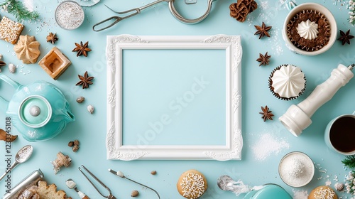 Mockup advertisement concept. Bright teal background with various kitchen utensils and a decorative frame, creating a cozy culinary atmosphere.