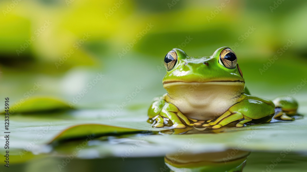 vibrant green frog resting on lily pads in serene pond, showcasing its glossy skin and expressive eyes. tranquil setting highlights beauty of nature vibrant green frog resting on lily pads in serene pond, showcasing its glossy skin and expressive eyes. tranquil setting highlights beauty of nature