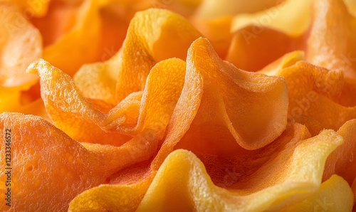 Crispy carrot chips close-up, textured snack food photo