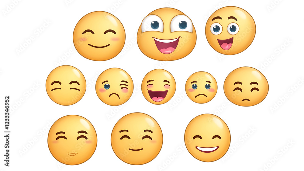 Fototapeta premium Various expression emojis with unique faces and emotions isolated on a clean PNG background, ideal for digital communication designs, social media posts, and emoticon-themed visuals.