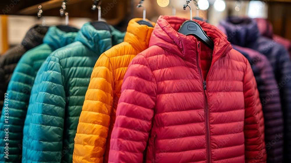 Colorful Down Jackets Hanging in a Row Colorful Down Jackets Hanging in a Row