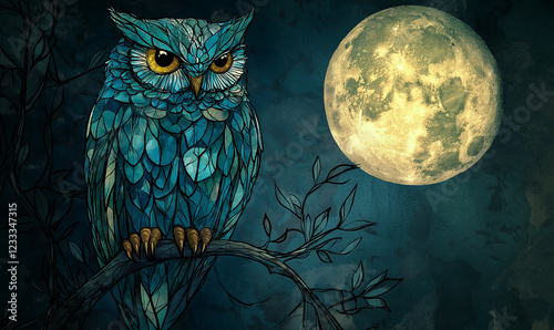 A teal owl perched on a moonlit branch, with stained-glass accents adding an artistic and mystical atmosphere