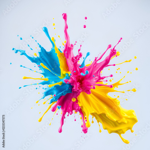 A vibrant splash of paint featuring electric blue, neon pink, and bright yellow colliding in mid-air. The colors explode outward in dynamic arcs. photo