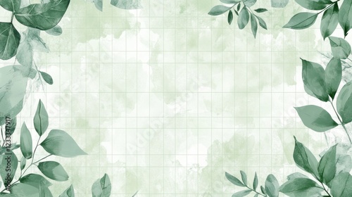 Watercolor Green Leaves Frame Grid Background