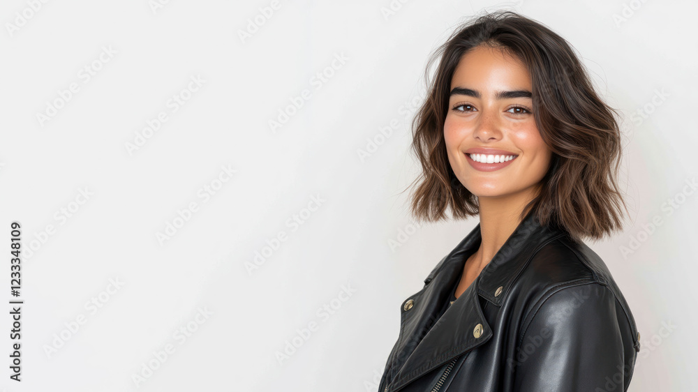 Arabian happy woman wearing black leather jacket smiling isolated on white background Arabian happy woman wearing black leather jacket smiling isolated on white background