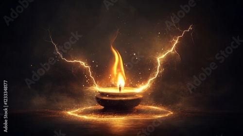 10.A bold and energetic vector design featuring a traditional oil lamp (Vilakku) at the center, with powerful lightning bolts flashing around it. The lamp's flame flickers with delicate detail, while photo