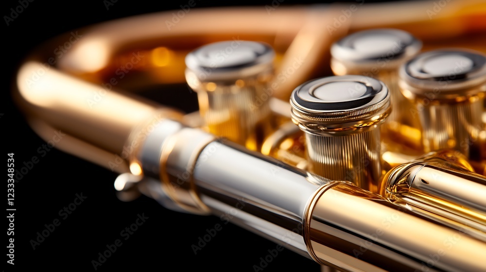 Naklejka premium Close-up of a Golden Trumpet's Valves, Exquisite Detail and Gleaming Brass, Musical Instrument