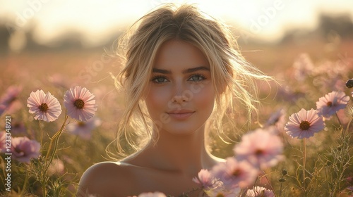 Fototapeta Naklejka Na Ścianę i Meble -  Blonde woman in cosmos field at sunset