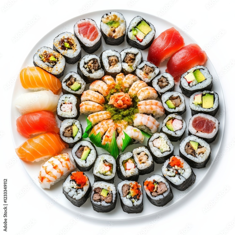 A platter of sushi rolls with assorted seafood, isolated white background, impressionism art style A platter of sushi rolls with assorted seafood, isolated white background, impressionism art style